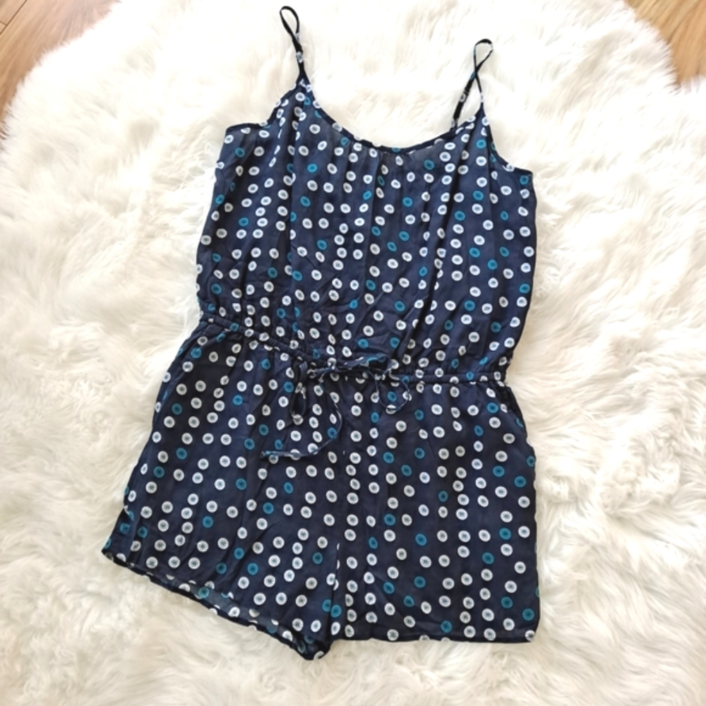 Hinge Navy Blue Polka  Dot Geometric Shorts Romper szM